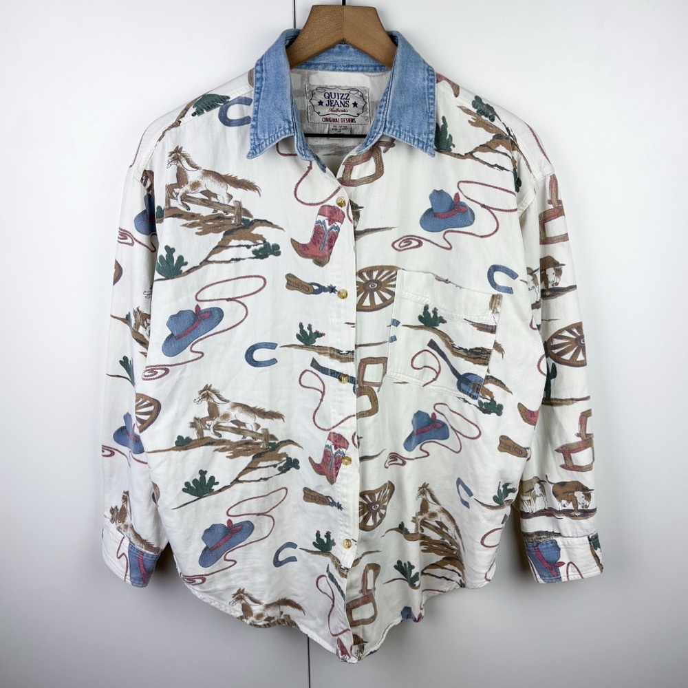 Vintage Western Rodeo Horse Cowboy Desert 100% Cotton Button Down Shirt Novelty